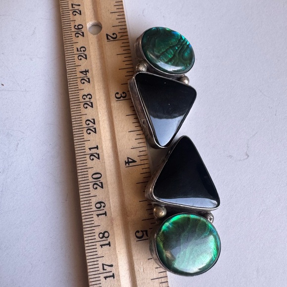 Elegant Sterling Silver Green Abalone and Black Onyx Clip Earrings 26.6g - Picture 7 of 15